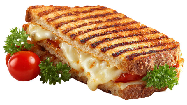 Grilled cheese sandwich with tomato and parsley garnish on transparent background.