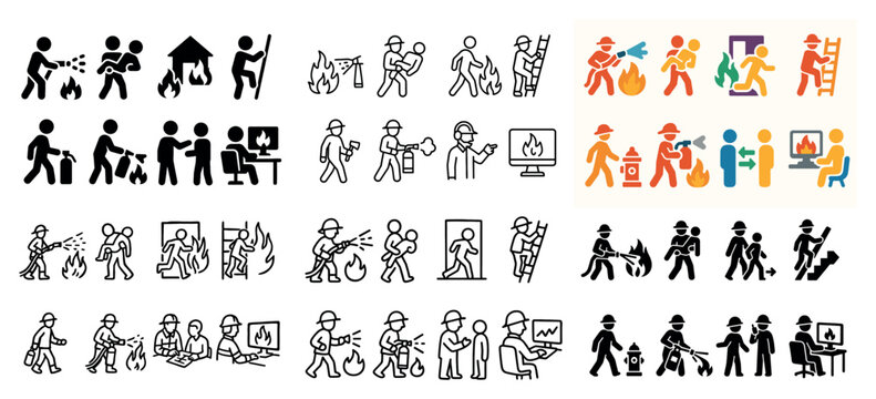 Firefighter pictograms in various actions