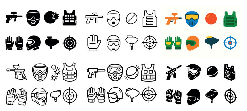 Paintball icons and equipment set