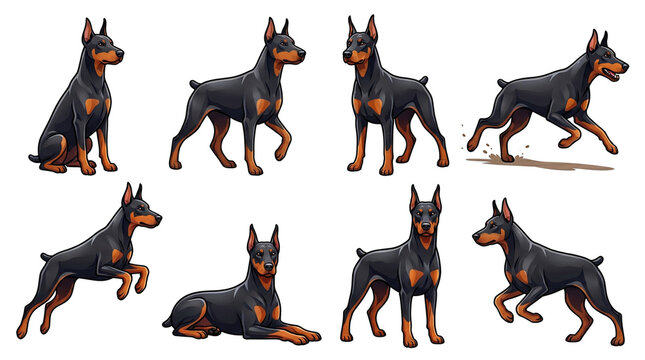 Collection of Doberman Pinscher Dog Illustrations Featuring Various Poses and Actions Like Running Jumping and Sitting Isolated for Graphic Design and Pet Work