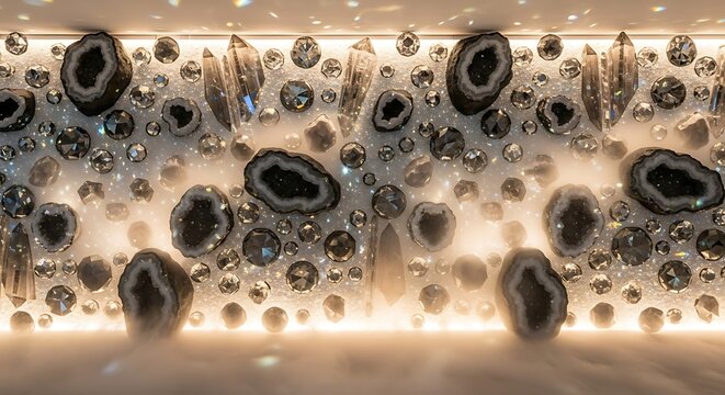 A mesmerizing display of various sized agates and crystals embedded in a wall with soft lighting, showcasing their natural patterns and textures.