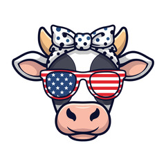 Fototapeta premium Patriotic Cow Face with American Flag Sunglasses – Cute 4th of July Animal Vector Illustration