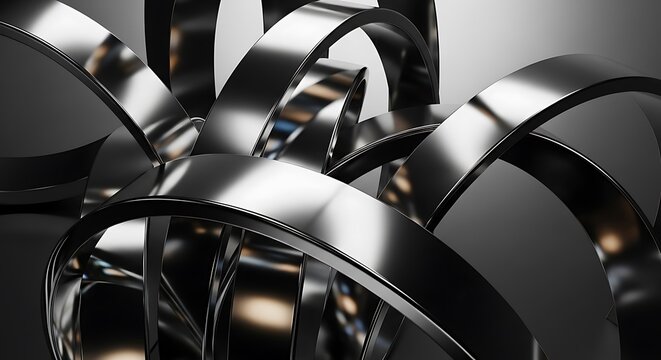 Metallic ribbons twist and turn in a complex pattern on a dark background