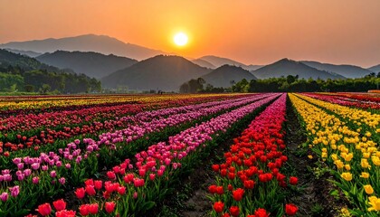 Obraz premium Vast tulip field in neat colorful rows of pink, red, orange, yellow, stretching to misty mountains with golden sunrise, serene landscape blending floral beauty and natural terrain.