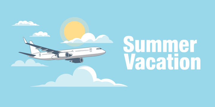 Illustration of airplane flying during summer vacation with bright sky