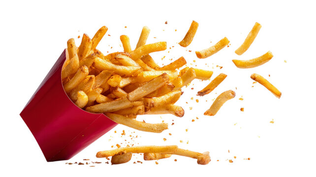 Mcdonalds french fries flying out of red box on grey background.