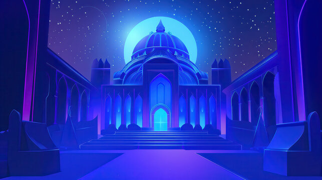 Night scene at a large building with a dome and archways under a starry sky in an animated art style