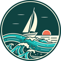 Fototapeta premium Stylized circular illustration of a sailboat navigating choppy ocean waves at sunset.