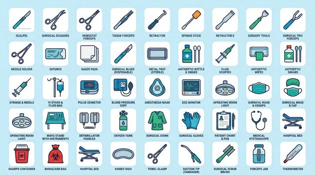 Comprehensive surgical equipment and medical instrument icon set with labeled illustrations