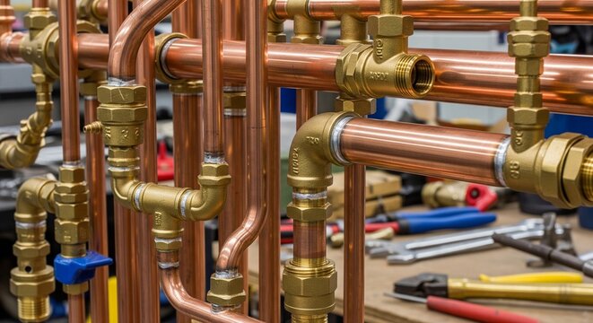 A close-up view of a complex plumbing system with many bright copper pipes and brass connectors installed in a workshop.