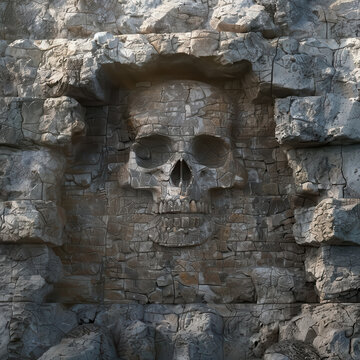 Large stone skull sculpture carved into rocky wall in an ancient setting during bright daylight