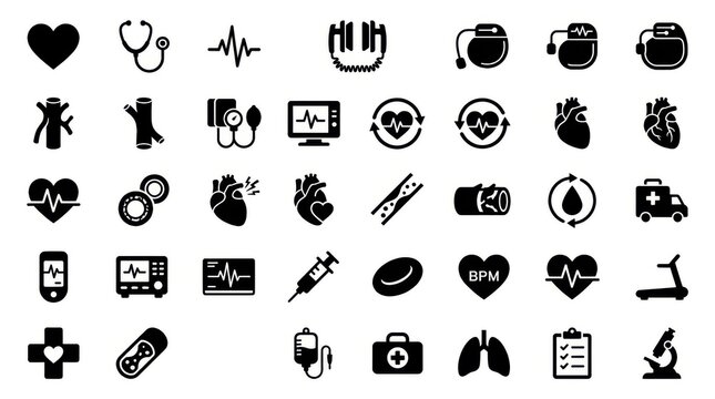 Comprehensive cardiology and heart health medical silhouette icons for cardiovascular healthcare