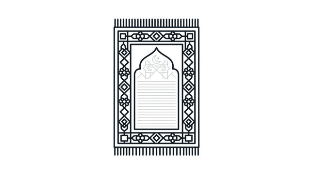 Simple Islamic prayer mat design with a mihrab arch and minimalist traditional patterns, isolated white background.
