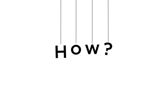 An animated text display of the word "How?" suspended by a string.