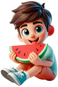 A teenage boy eating a slice of watermelon, cheerful expression