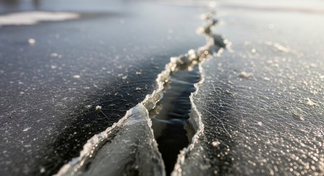 Cracked Ice Revealing Dark Water Below
