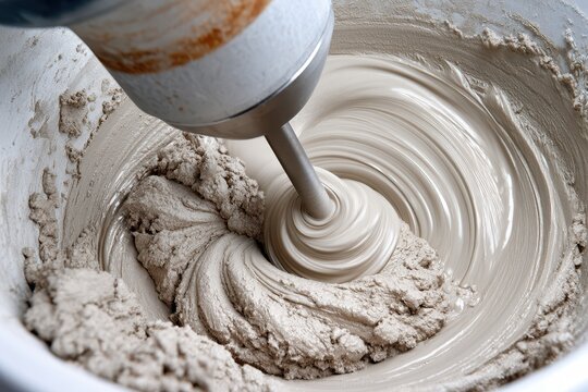 Close-up of a mixer blending plaster or cement creating a smooth, swirling texture in a bucket.