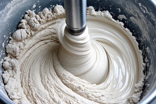 Close-up of a dough mixer creating a smooth, creamy batter in a dark bowl, showing texture and movement.