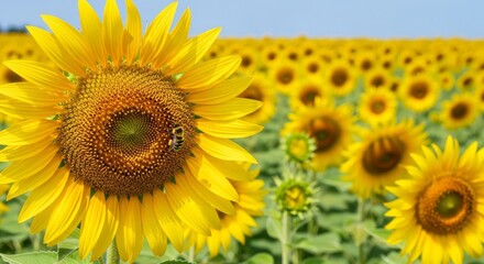 Fototapeta premium Bee visits blooming sunflower in vast summer field