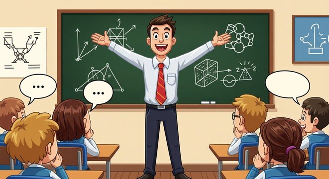Cheerful Teacher Explaining Math Lesson to Students in Classroom