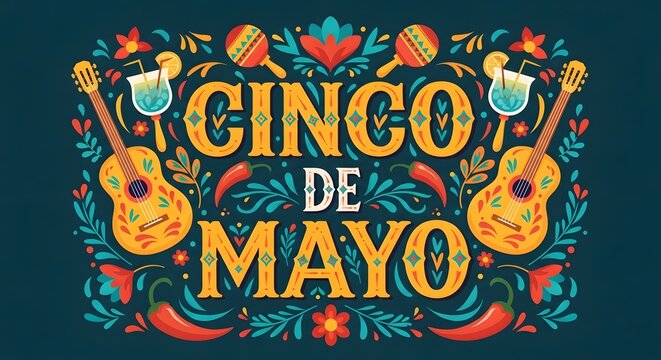 Vibrant cinco de mayo celebration festive design with guitars chili peppers and traditional mexican elements