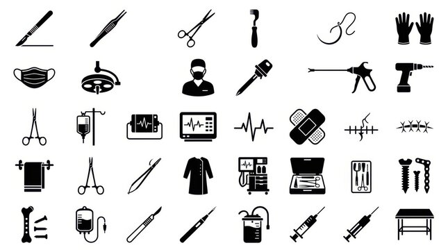Extensive hospital surgery icon set with operating room tools and medical equipment graphics