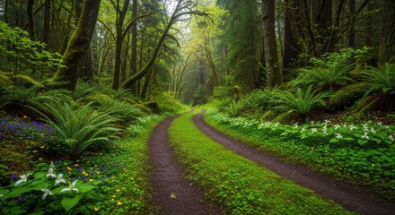 Fototapeta premium Winding dirt road through lush forest landscape