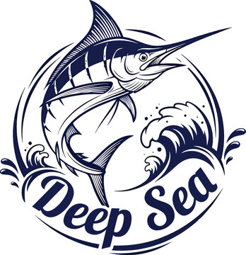 Vintage style marlin fish jumping from ocean waves illustration.