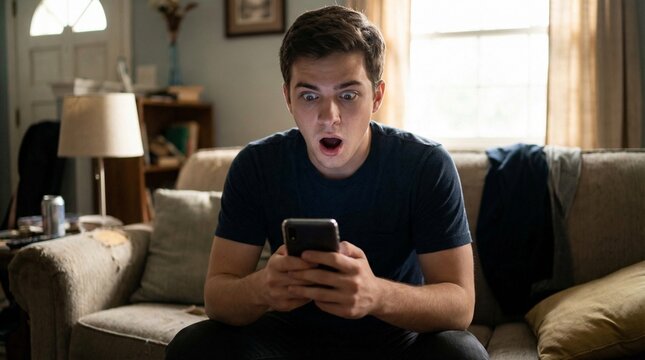 A young man expresses shock and surprise while looking at his smartphone with his mouth agape in a living room setting