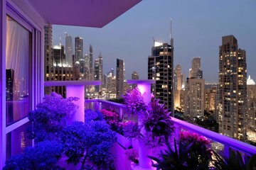Obraz premium Modern balcony with purple lighting and lush plants overlooks a dazzling cityscape at dusk.