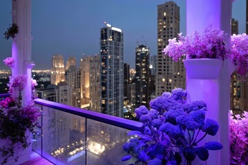 Obraz premium Balcony view of a modern city skyline at dusk with purple lighting and blooming flowers.
