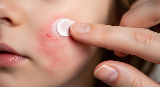 Close up of childs red cheek with pimple being treated with cream face inflammation