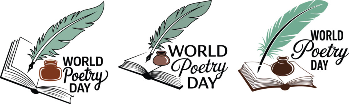 Vintage World Poetry Day vector set, antique quill pen and inkwell on open book, literary celebration icons for writers and poets