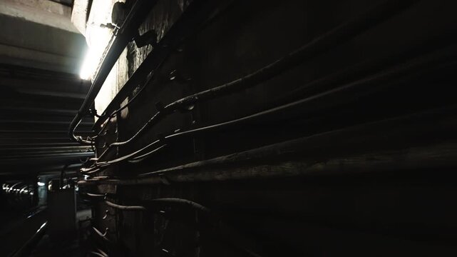 Dimly lit underground service tunnel where aging concrete and bundled electrical conduits line the corridor, illuminated by fluorescent fixtures casting industrial shadows
