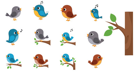 Fototapeta premium Colorful cartoon birds with musical notes and branches in a vector set