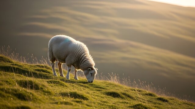 One sheep grazing on grassy hill in countryside meadow at sunset time