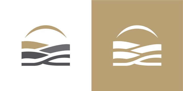 A minimalist logo design featuring abstract rolling hills under a sun arch. Presented in both a warm earthy color palette and a clean monochrome version, this graphic is ideal for branding, nature, ag