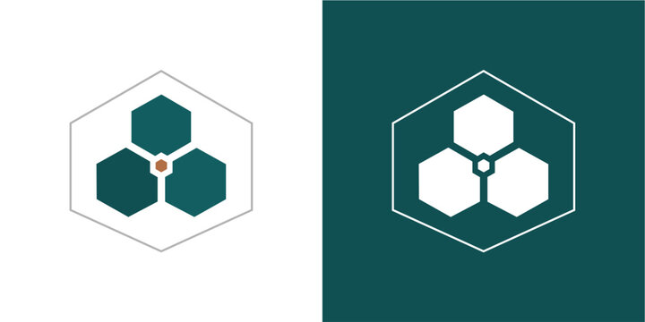 A modern, minimalist logo design featuring three teal hexagons arranged in a central cluster within a larger hexagon outline. The left side is on a white background, and the right side is on a dark te