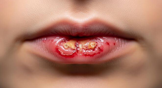 Close up of painful cold sores on human lips with red inflammation mouth herpes