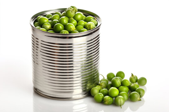 A shiny, corrugated tin can overflowing with bright green peas on white background.