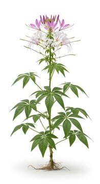 Cleome Spinosa Flower Plant With Roots Isolated on White Background