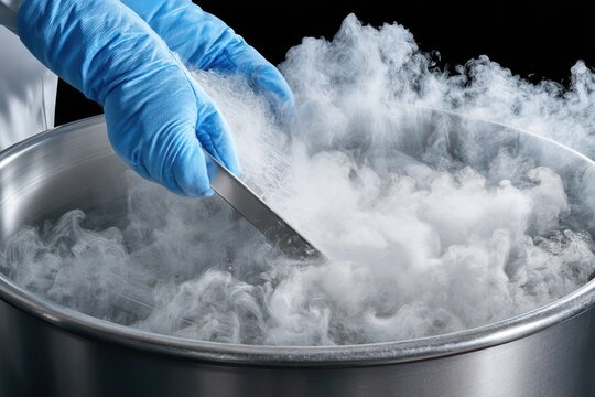 Close-up of gloved hands using a metal tool to interact with dense white vapor from a cryogenic liquid in a metal container.