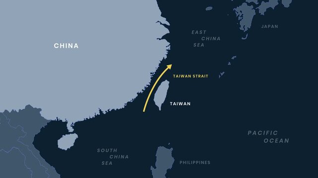 Map Animation Highlighting Taiwan Strait With Moving Arrow Line Showing Strategic Route And Regional Tension 4K