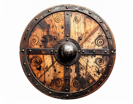 Ancient Viking Shield with Rustic Wood and Metal Details.