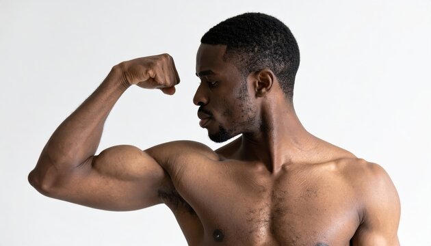 African American man flexing bicep muscles, showing strength and fitness.