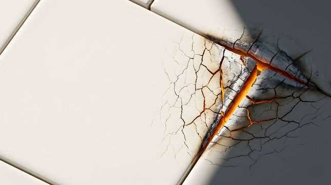 Structural cracks showing hidden damage, failure, and decay concept on white tile.