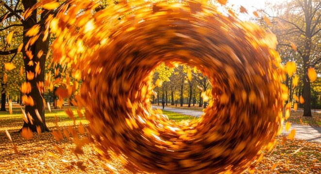 Autumn leaves swirl in a vibrant vortex