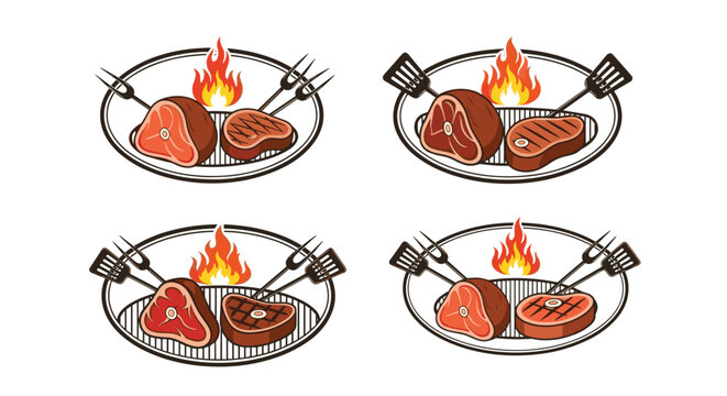 Set of four barbecue grill logos featuring different cuts of meat, burning flames, forks, and spatulas in a circular frame.