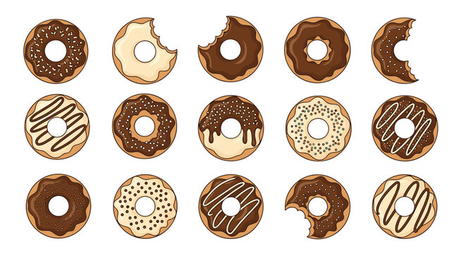 Collection of delicious donut icons featuring various glazes like chocolate, vanilla, and sprinkles with some having bites taken out.