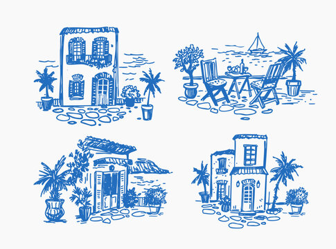 Summer holiday, vacation, sketch, sea, seamless pattern, vector illustration, southern houses, palm trees, beach, yachts